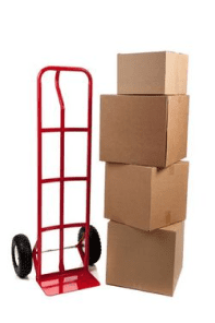 A red hand truck with boxes and a white background.