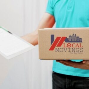 A man holding a box with the word local moving on it.