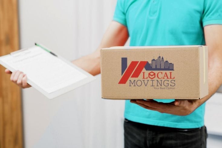 A man holding a box with the word local moving on it.